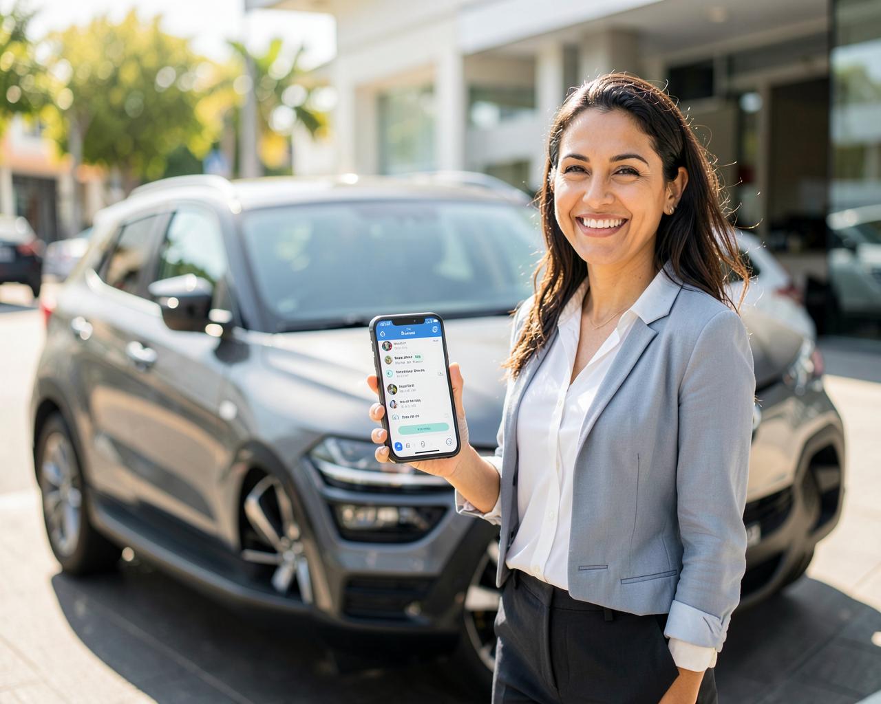 Cliente sorrindo ao lado do seu veículo mostrando o atendimento no celular