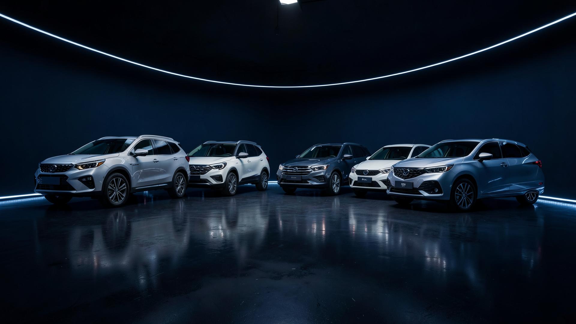 Linha de veículos em showroom com iluminação azul